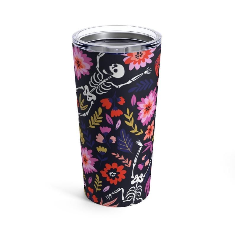 Skeleton Tumbler 20 Oz Dacing Skeleton Witch Colorful Flower Black Tumbler Cup 20 Oz Halloween Tumbler