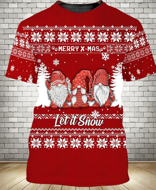 Christmas Elf T-shirt Three Elfs Merry X-mas Let It Snow Red Shirt