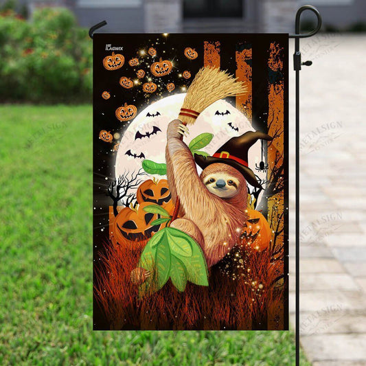 Halloween Flag Witch Sloth On Halloween Night Garden Flag