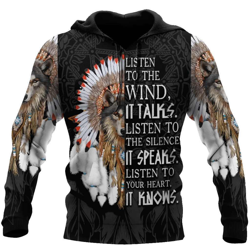 Native American Hoodie Wolf And Dreamcatcher Listen To The Wind It Talks Listen To The Silence It Speaks Hoodie