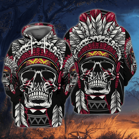 Native American Hoodie Native American Skull Chief Feathers Indigenous Hoodie