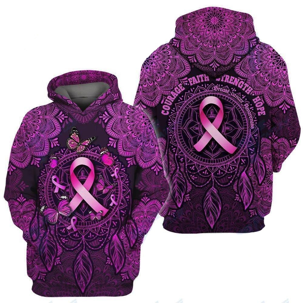 Breast Cancer Shirt Courage Faith Strength Hope Breast Cancer Awareness Mandala Pink Hoodie