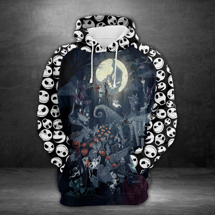 Nightmare Before Christmas Hoodie Jack And Sally Spooky Night Jack Skellington Face Pattern Black White Hoodie