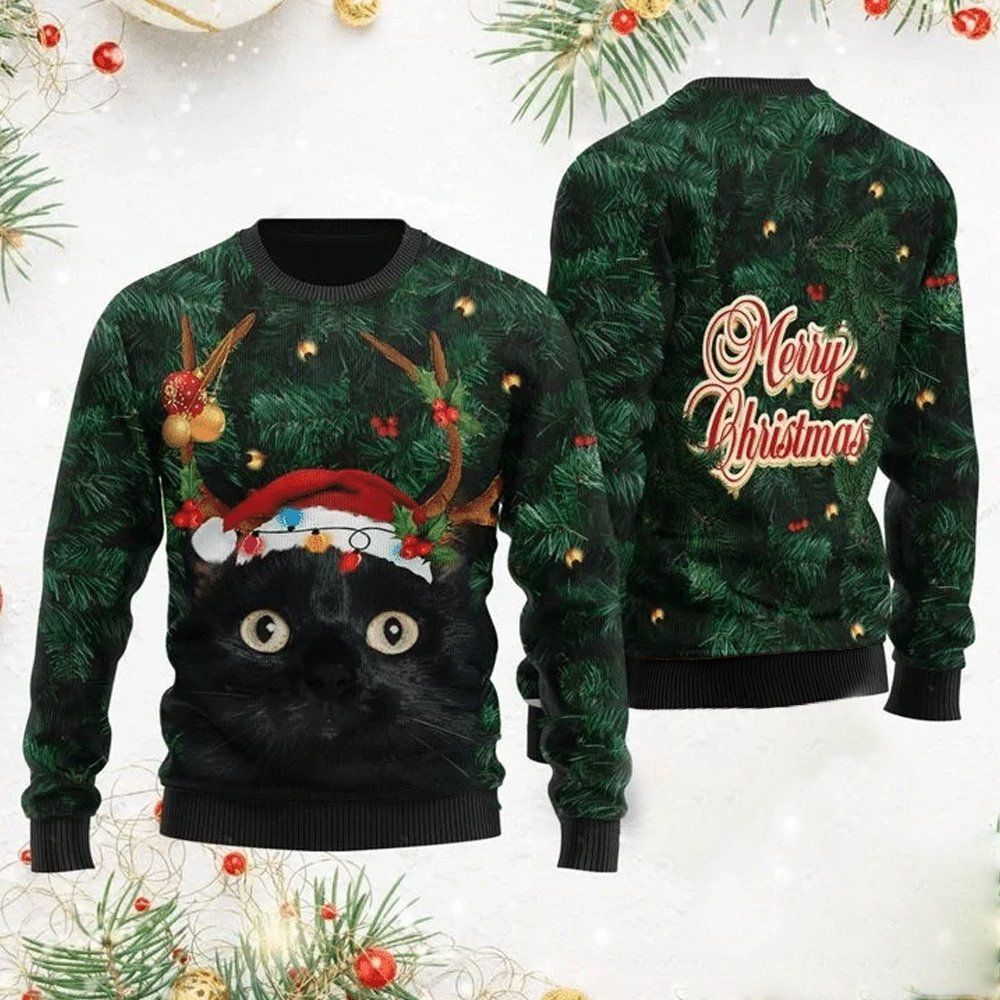 Cat Christmas Sweater Merry Christmas Black Cat Christmass Tree 3d Ugly Sweater