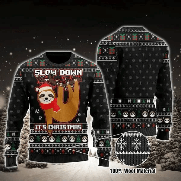 Sloth Ugly Christmas Sweater Sloth Slow Down It's Christmas Black Sweater