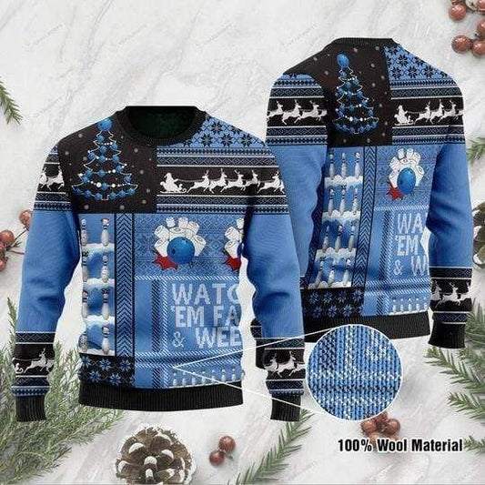 Bowling Ugly Christmas Sweater Watch Em Fall And Weep Blue Sweater