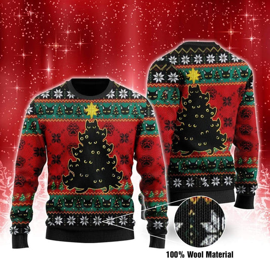 Cat Ugly Christmas Sweater Black Cat Christmas Tree Cat Paws Pattern Black Sweater