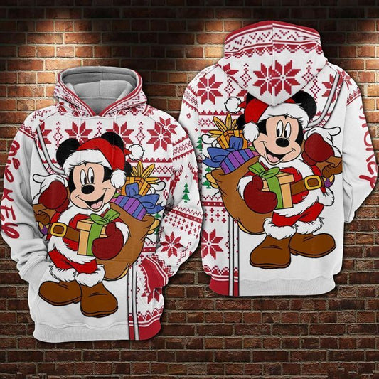 DN Hoodie MK Mouse In Santa Claus Clothes Christmas Snowflakes Pattern Red White Hoodie