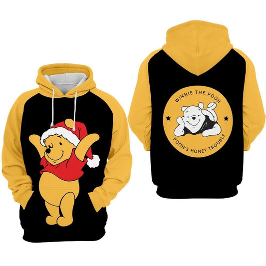 DN Christmas Hoodie Pooh Christmas Hat Pooh's Honey Trouble Black Yellow Hoodie