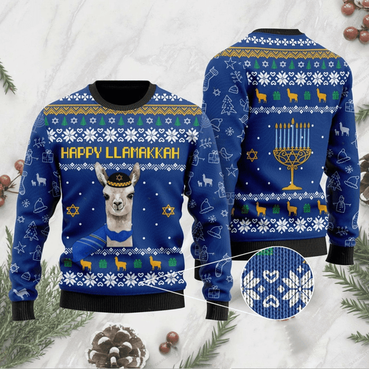 Llama Christmas Sweater Llama Happy Llamakkah Blue Ugly Sweater