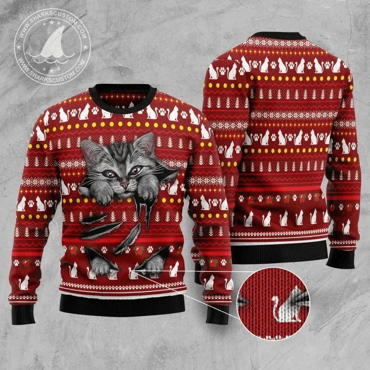 Cat Christmas Sweater Cat Scratch 3d Red Ugly Sweater