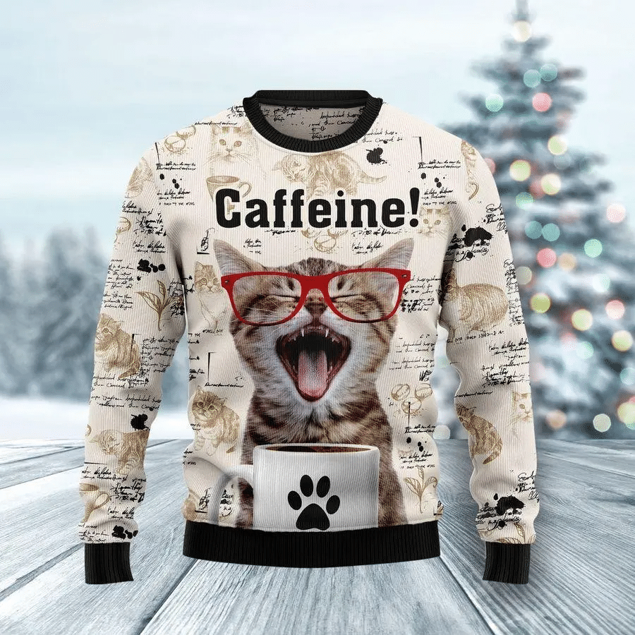 Cat Christmas Sweater Catfeine Cat And Coffee Ugly Sweater