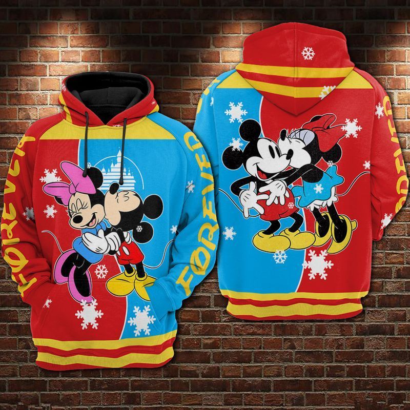 DN Christmas Hoodie MM And MK Mouse Kissing Christmas Snowflakes Red Blue Hoodie