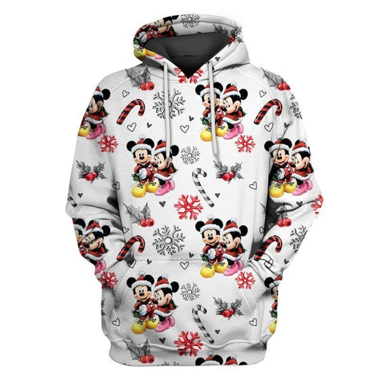 DN Christmas Hoodie MK And MM Mouse Christmas Pattern Candies Snowflakes White Hoodie