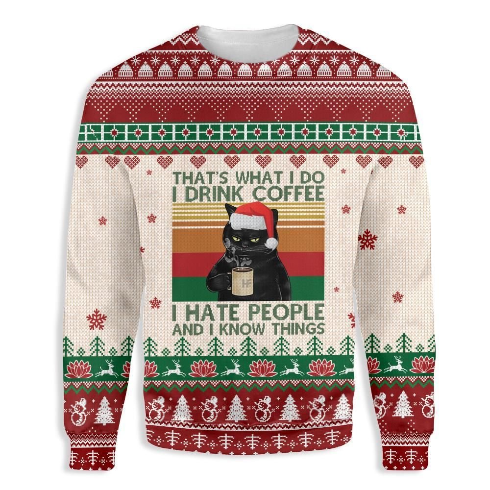 Cat Christmas Sweater Cat That's What I Do I Drink Coffee I Hate People And I Know Things Red White Ugly Sweater