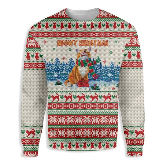 Cat Christmas Sweater Cat Meowy Christmas Cat And Snowflakes Pattern White Red Ugly Sweater