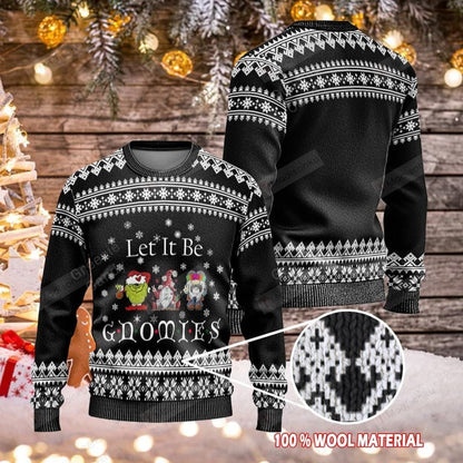 Gnome Christmas Ugly Sweater Three Gnomes Let It Be Gnomies Christmas Pattern Black White Sweater