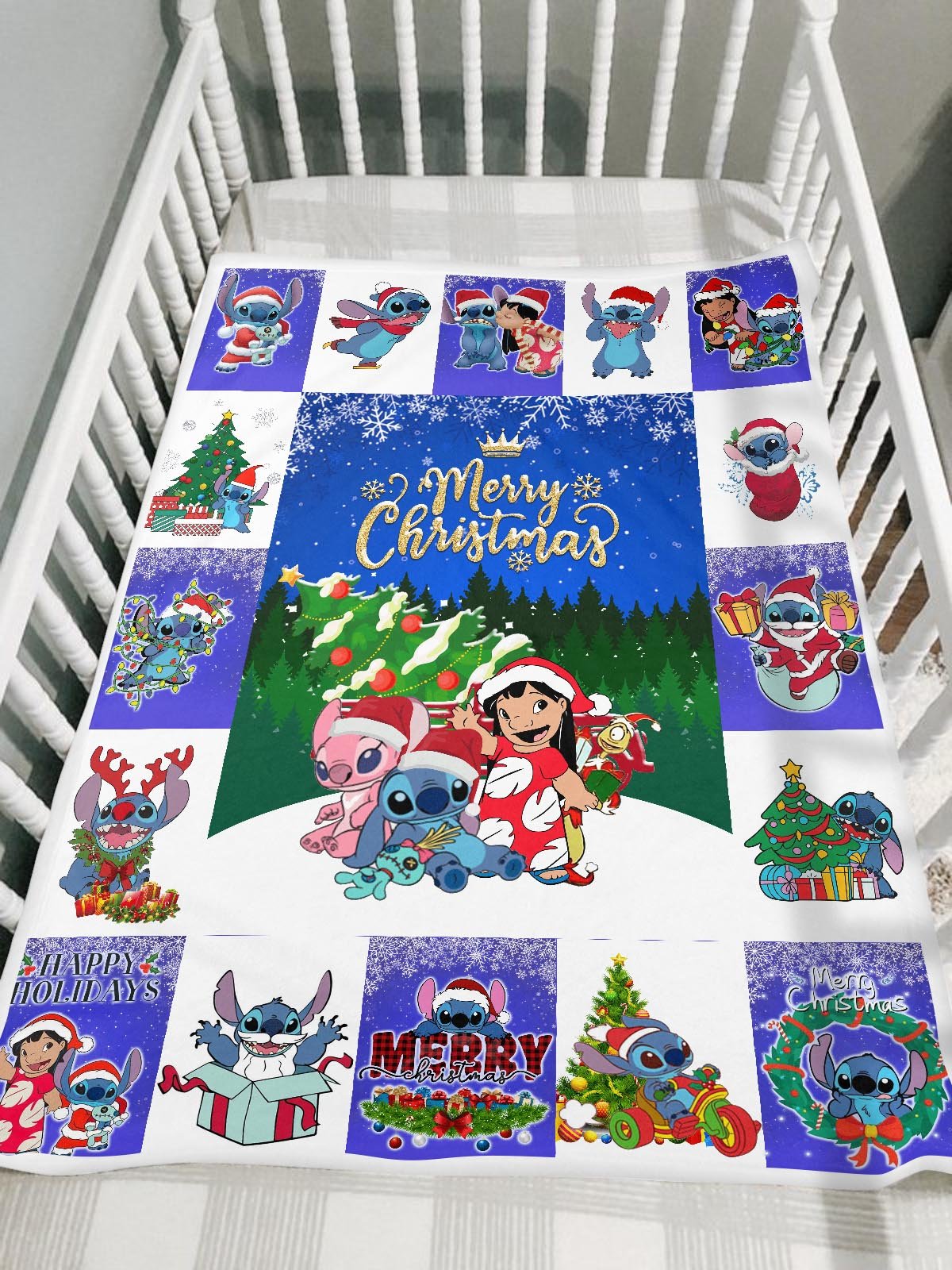 DN Christmas Blanket Stitch Angel And Lilo Merry Christmas Blue White Blanket