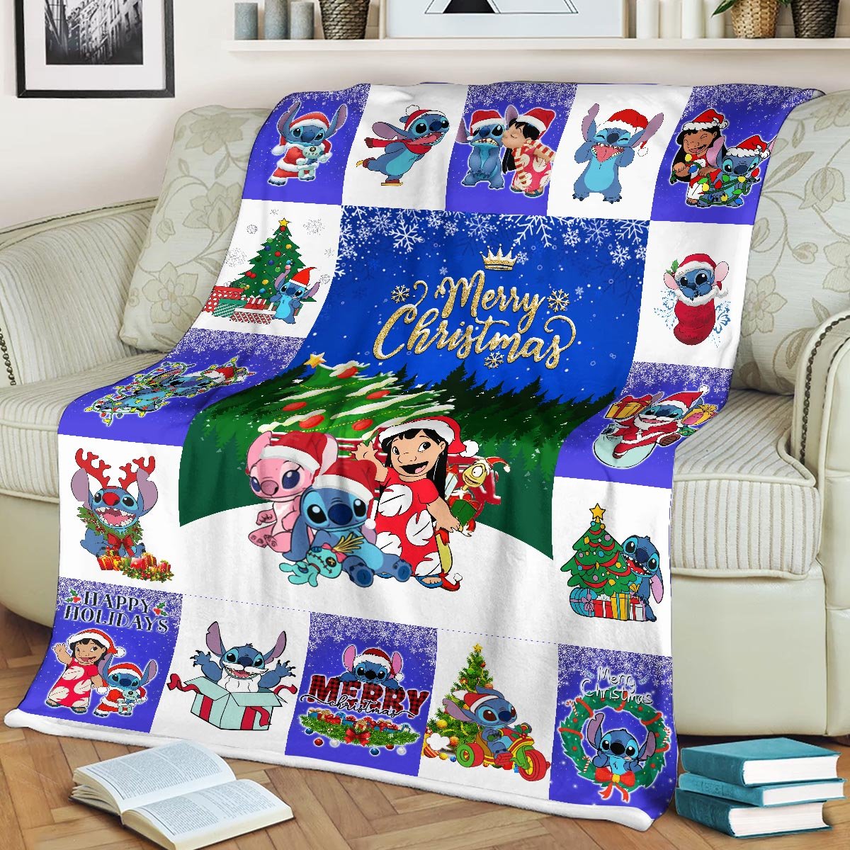 DN Christmas Blanket Stitch Angel And Lilo Merry Christmas Blue White Blanket