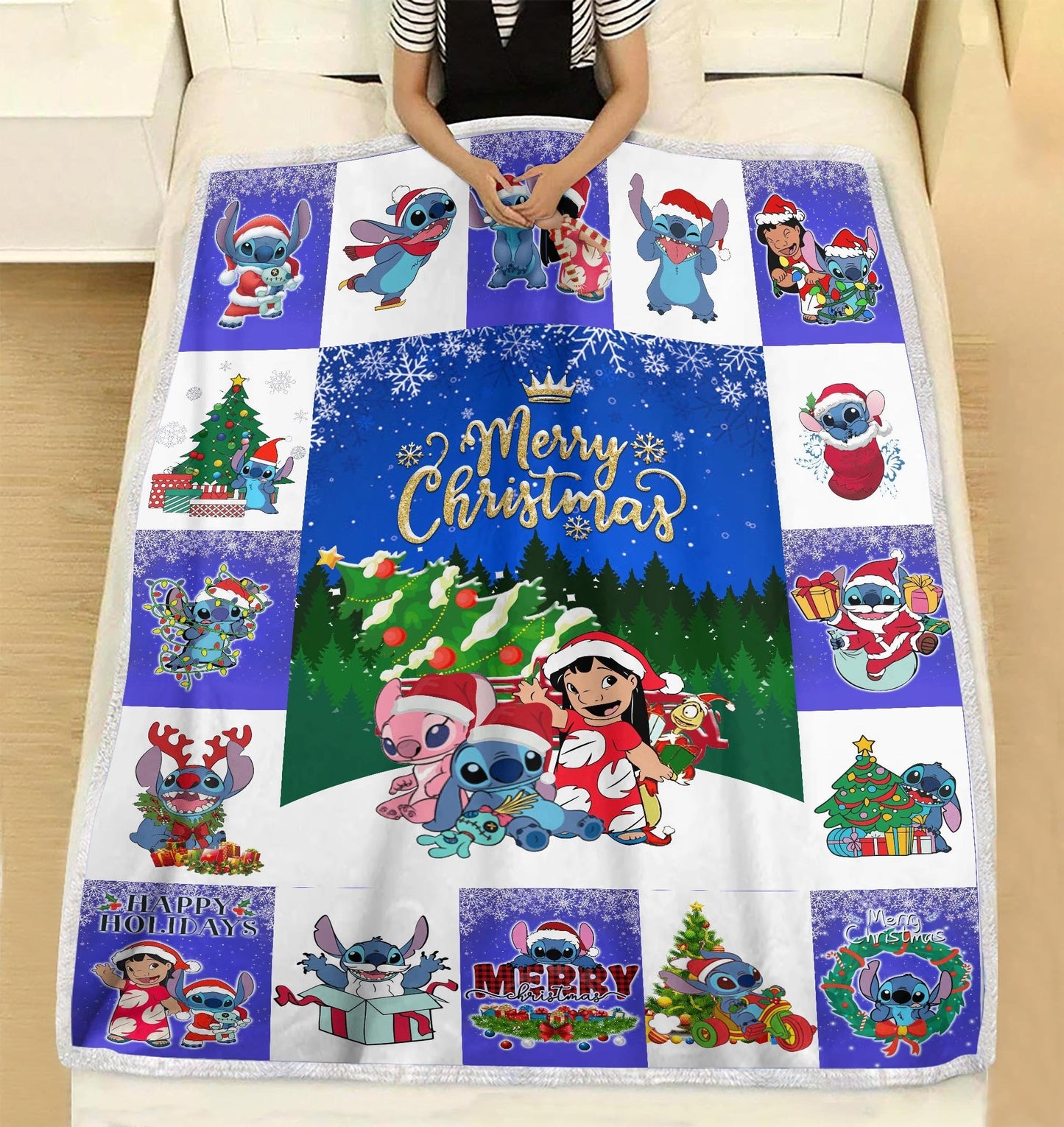 DN Christmas Blanket Stitch Angel And Lilo Merry Christmas Blue White Blanket