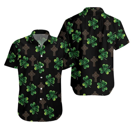 St Patrick's Day Hawaii Shirt Celtic Cross Clover Black Aloha Shirt St Patrick's Day Shirt