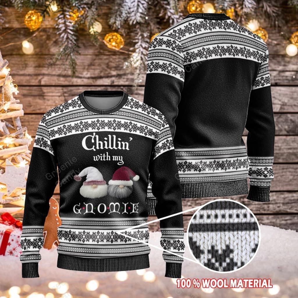 Gnome Christmas Ugly Sweater Chilling With My Gnomie Christmas Pattern Black White Sweater