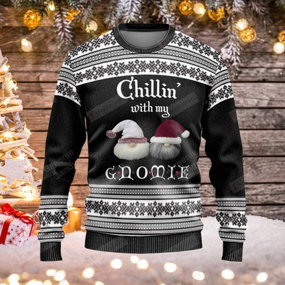 Gnome Christmas Ugly Sweater Chilling With My Gnomie Christmas Pattern Black White Sweater