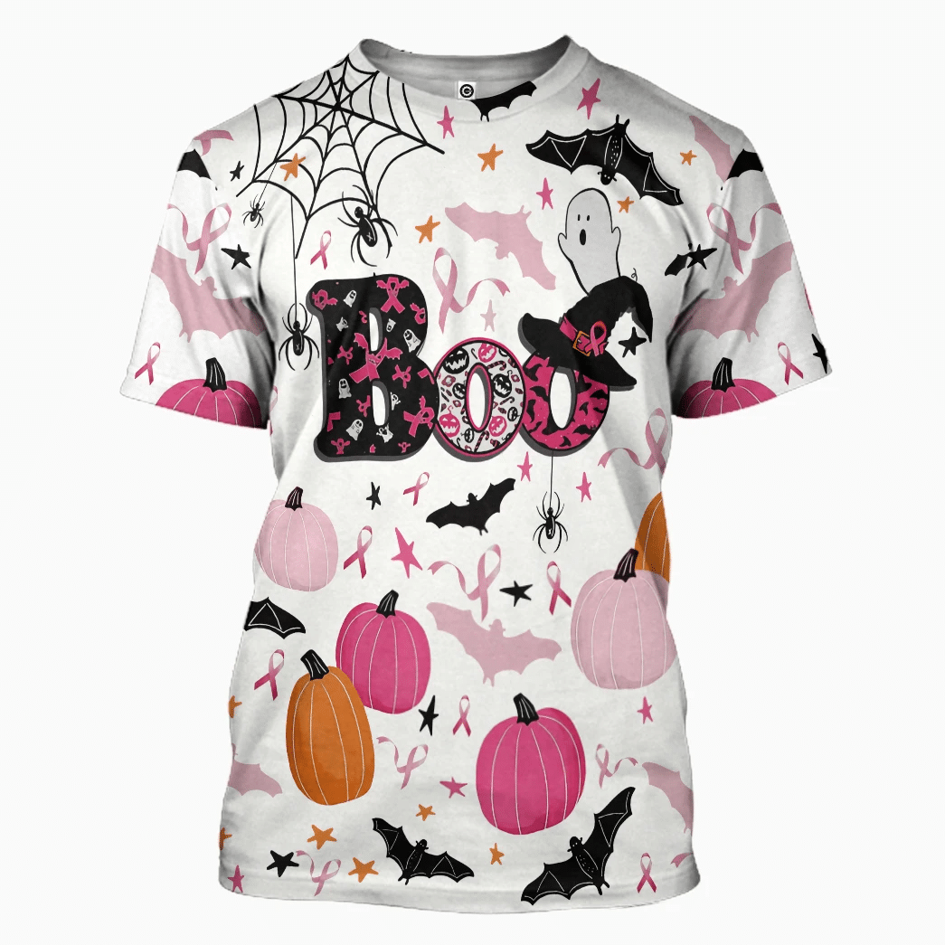 Halloween Breast Cancer T-shirt Halloween Boo Ghost Patterns Breast Cancer Ribbon Hoodie Halloween Breast Cancer Hoodie