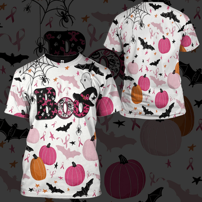 Halloween Breast Cancer T-shirt Halloween Boo Ghost Patterns Breast Cancer Ribbon Hoodie Halloween Breast Cancer Hoodie