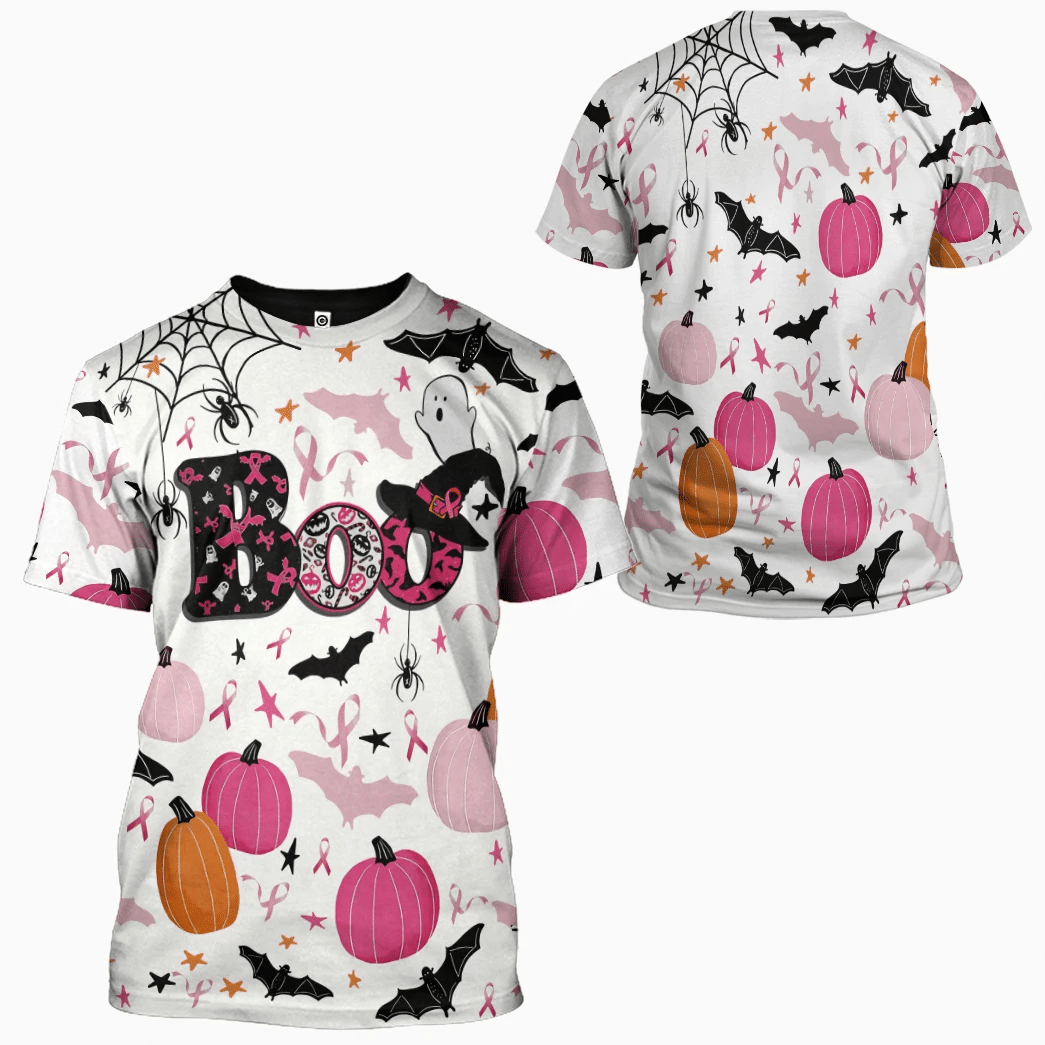 Halloween Breast Cancer T-shirt Halloween Boo Ghost Patterns Breast Cancer Ribbon Hoodie Halloween Breast Cancer Hoodie