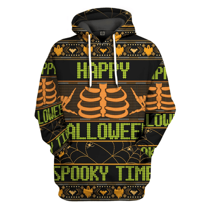 Halloween T-shirt Happy Halloween Spooky Time Skeleton Halloween Patterns Black Hoodie Halloween Hoodie