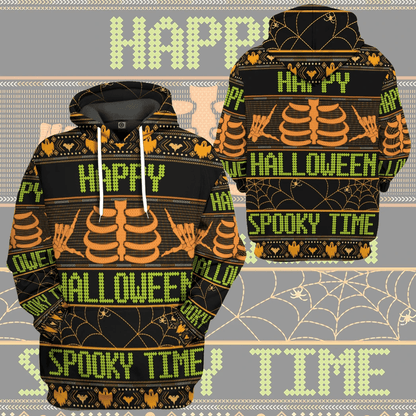 Halloween T-shirt Happy Halloween Spooky Time Skeleton Halloween Patterns Black Hoodie Halloween Hoodie