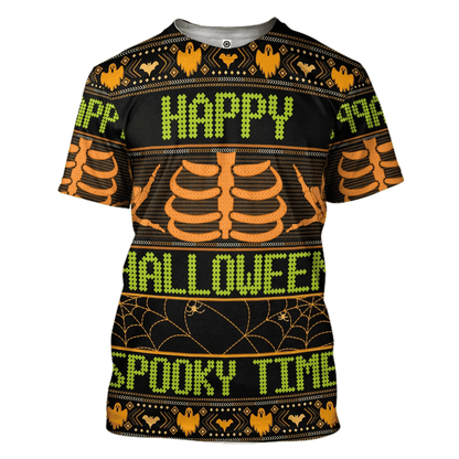 Halloween T-shirt Happy Halloween Spooky Time Skeleton Halloween Patterns Black Hoodie Halloween Hoodie