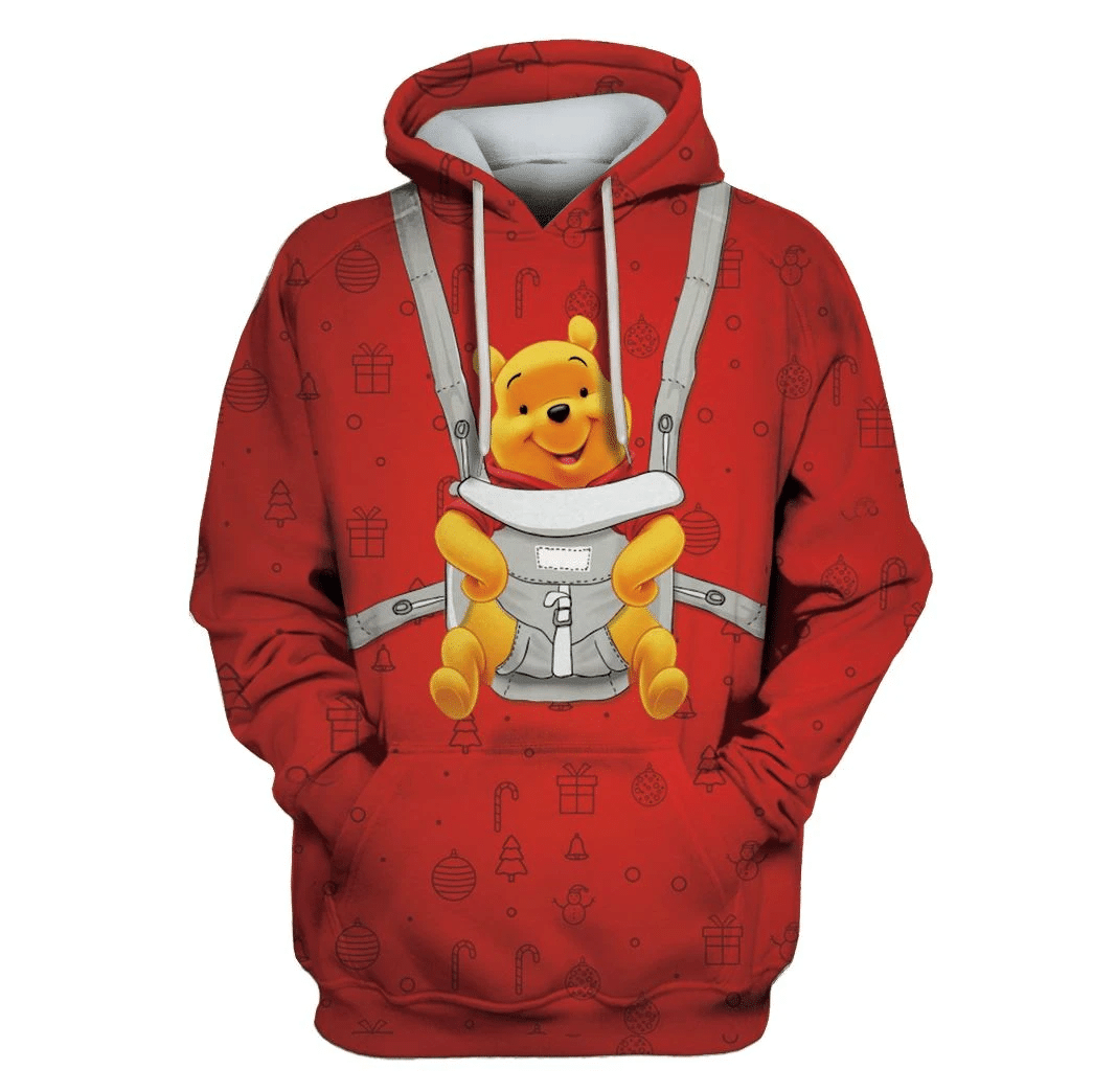 DN Christmas Hoodie Winnie The Pooh Hoodie Pooh In Baby Carrier Christmas Pattern Red Hoodie