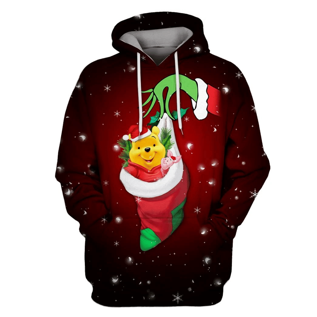 DN Christmas Hoodie Winnie The Pooh Hoodie Pooh In Sock Christmas Snowflakes Hoodie