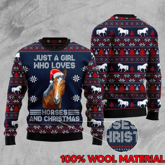 Horse Christmas Ugly Sweater Just A Girl Who Loves Horses And Christmas Black Red Blue Sweater