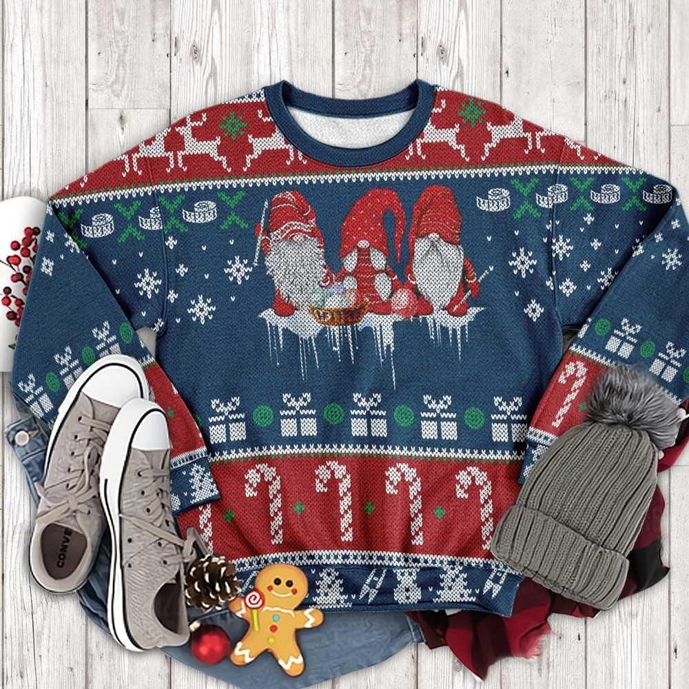 Gnome Christmas Ugly Sweater Three Gnomes Christmas Presents Candies Pattern Blue Red Sweater