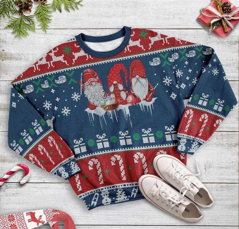 Gnome Christmas Ugly Sweater Three Gnomes Christmas Presents Candies Pattern Blue Red Sweater