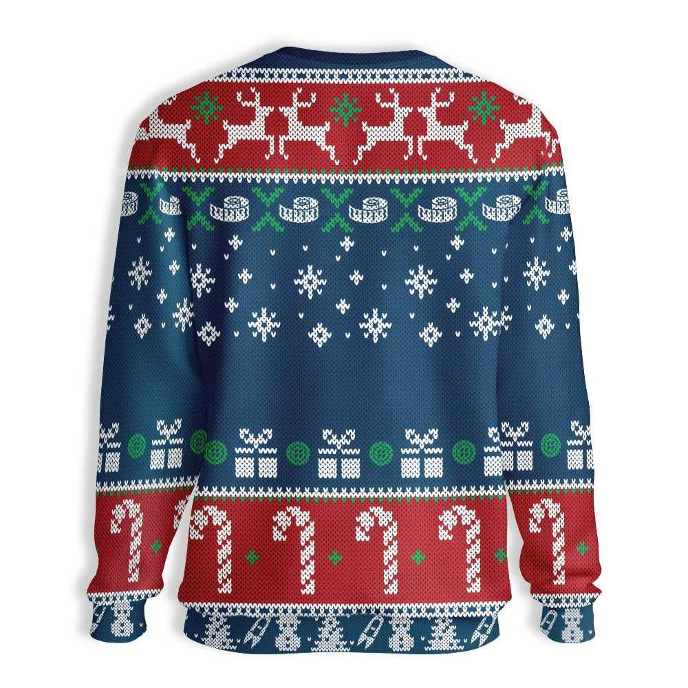 Gnome Christmas Ugly Sweater Three Gnomes Christmas Presents Candies Pattern Blue Red Sweater