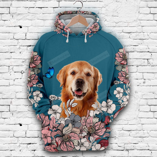 Dog Golden Retriever Hoodie Golden Retriever With Flowers And Butterfly Blue Hoodie