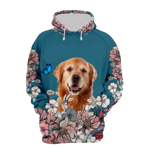 Dog Golden Retriever Hoodie Golden Retriever With Flowers And Butterfly Blue Hoodie