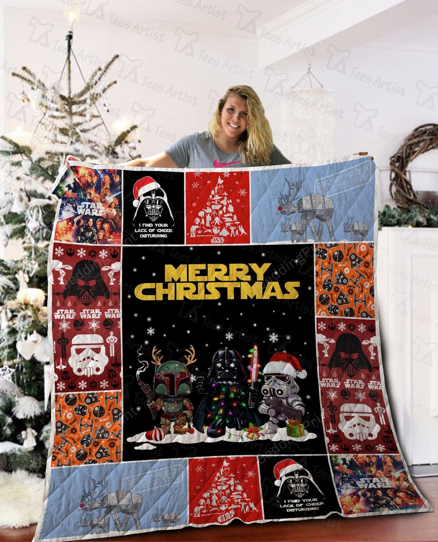 SW Christmas Quilt Mery Christmas Darth Vader Stormtrooper Boba Fett Christmas Quilt