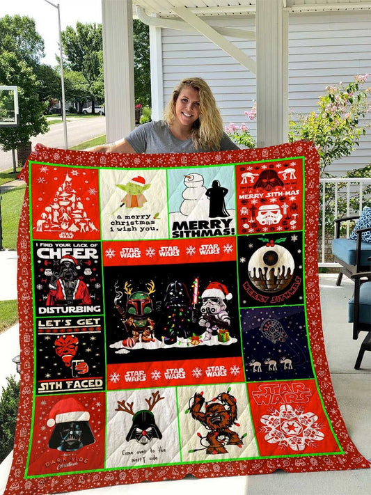 SW Christmas Quilt Merry Sithmas Let's Get Sith Face SW Christmas Red Quilt