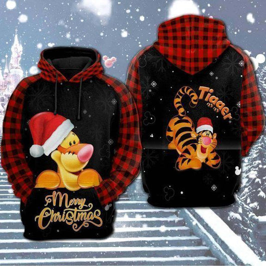 DN Christmas Hoodie Winnie The Pooh Hoodie Tigger Merry Christmas Black Red Plaid Hoodie