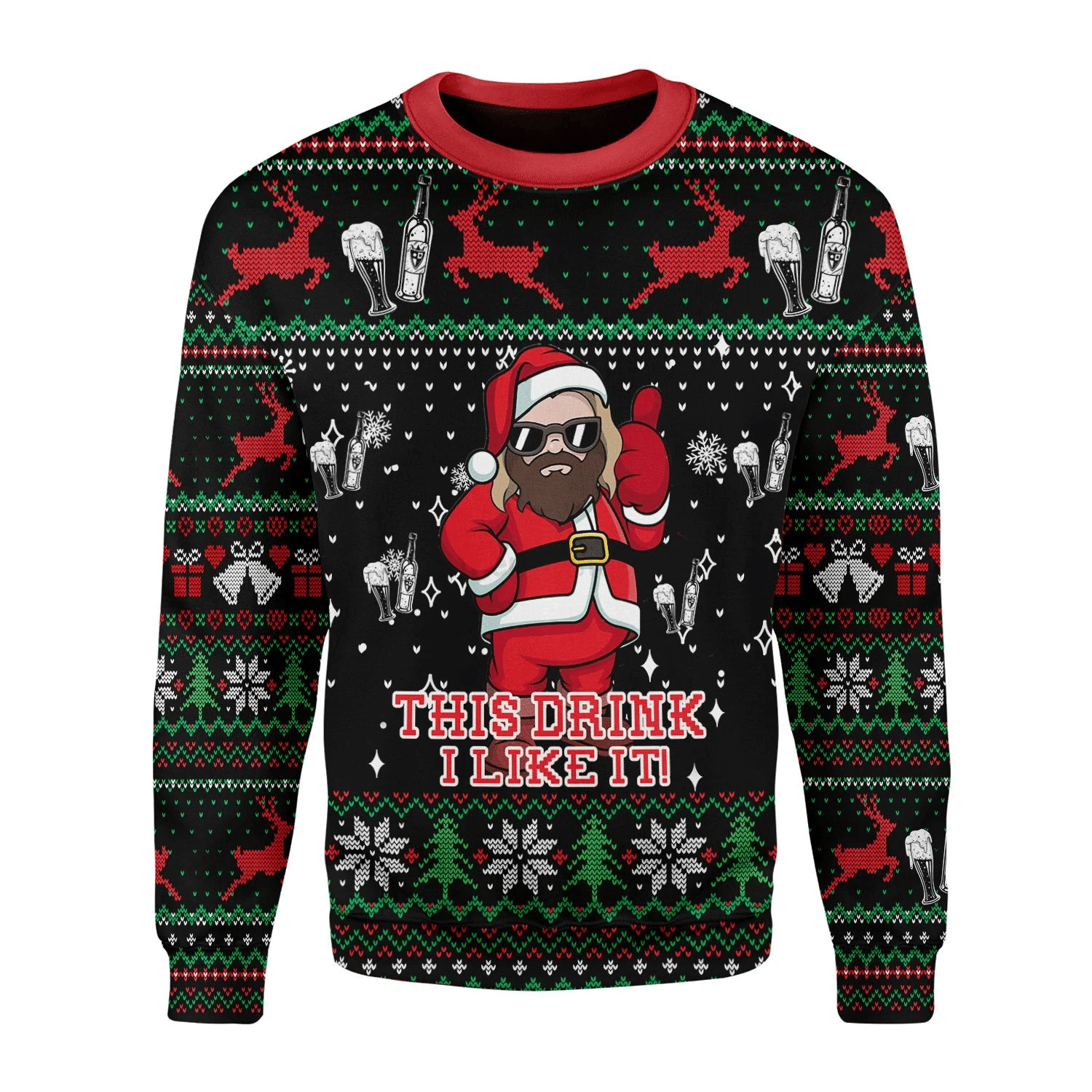 MV Christmas Ugly Sweater Santa Thor This Drink I Like It Beer Christmas Pattern Black Sweater