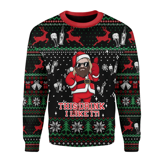 MV Christmas Ugly Sweater Santa Thor This Drink I Like It Beer Christmas Pattern Black Sweater