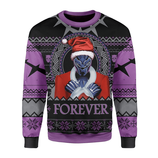 MV Christmas Ugly Sweater Black Panther Santa Wakanda Forever Black Purple Sweater