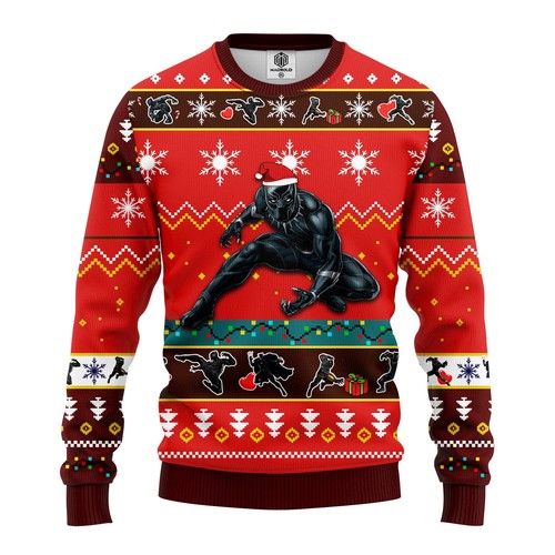 MV Christmas Ugly Sweater Black Panther Pose Christmas Pattern Red Sweater