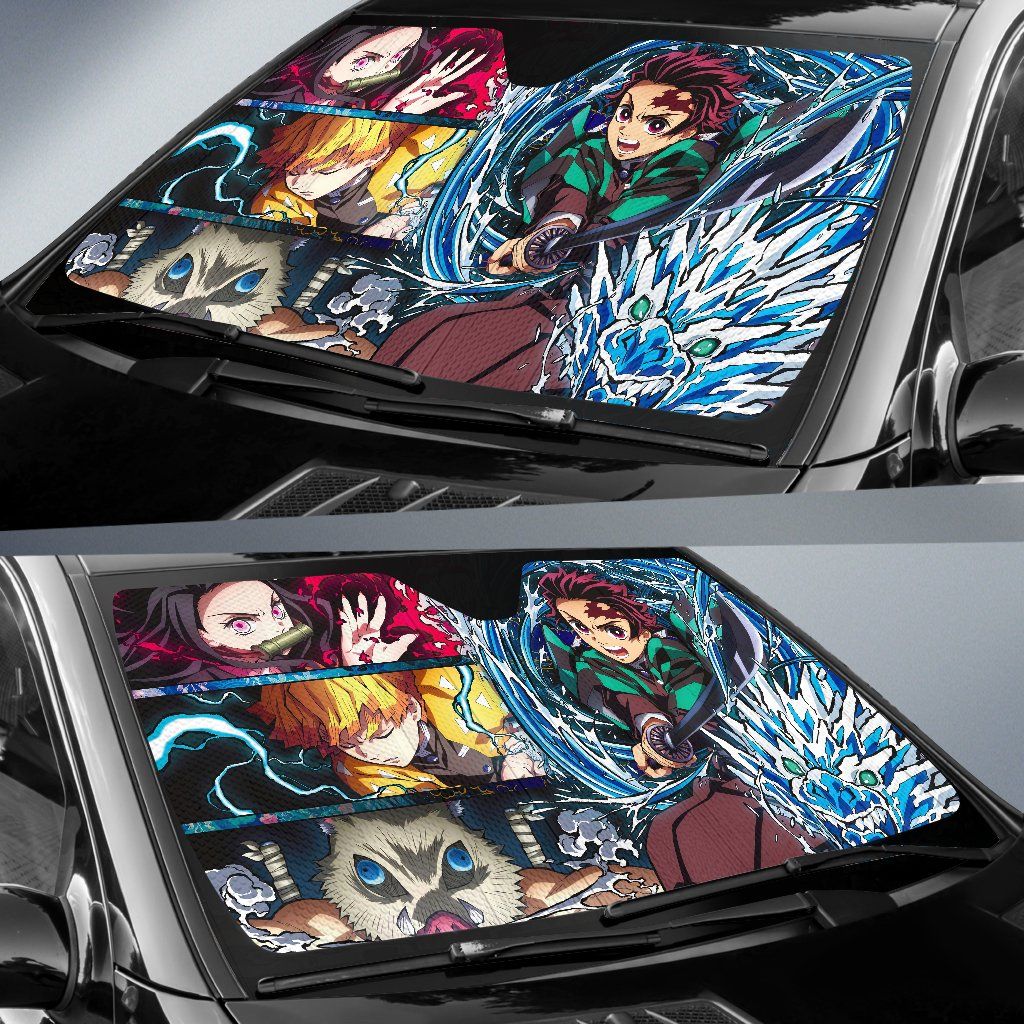 Demon Slayer Windshield Shade Tanjiro Nezuko Zenitsu And Inosuke Fighting Car Sun Shade Demon Slayer Car Sun Shade