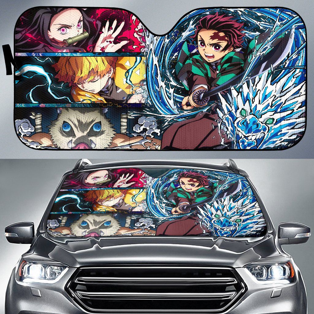 Demon Slayer Windshield Shade Tanjiro Nezuko Zenitsu And Inosuke Fighting Car Sun Shade Demon Slayer Car Sun Shade